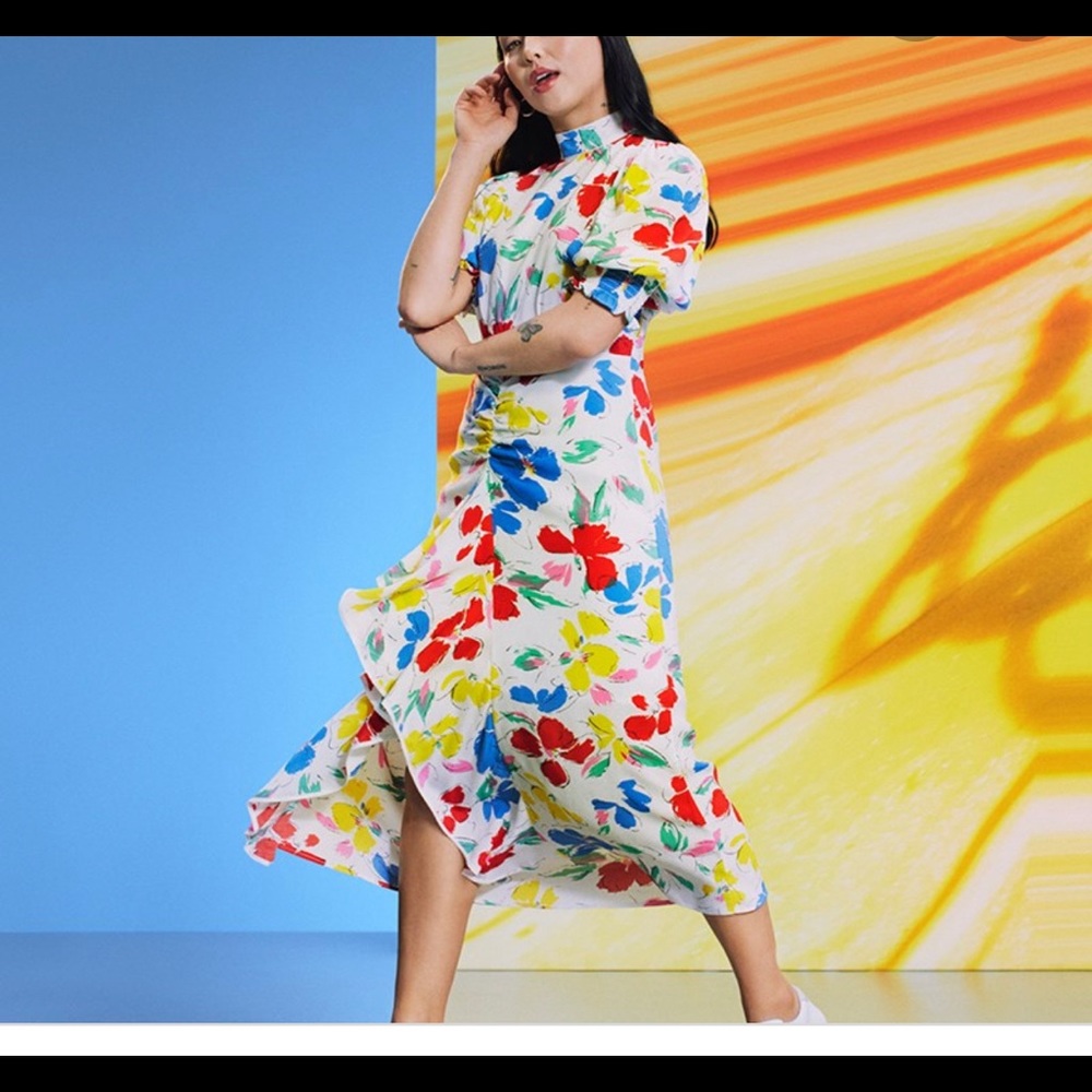 Floral Mock Neck Cascade Ruffle Dress